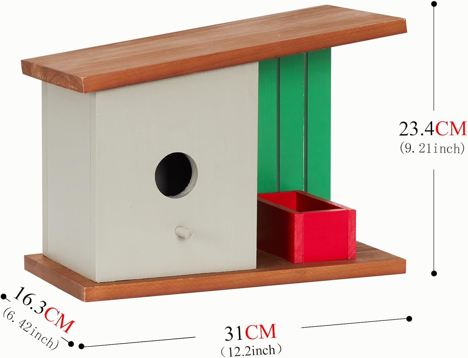 Wooden bird house with round entrance hole, green slatted back, and red feeder box.