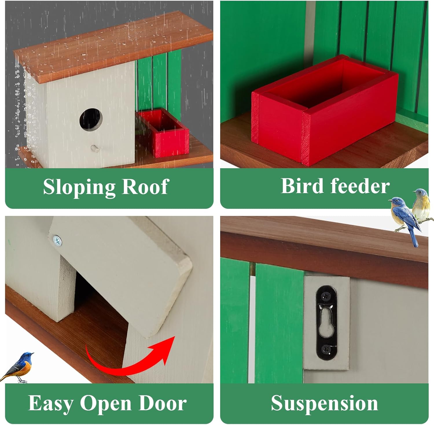Wooden bird house with sloping roof, open door, and suspended bird feeder tray.
