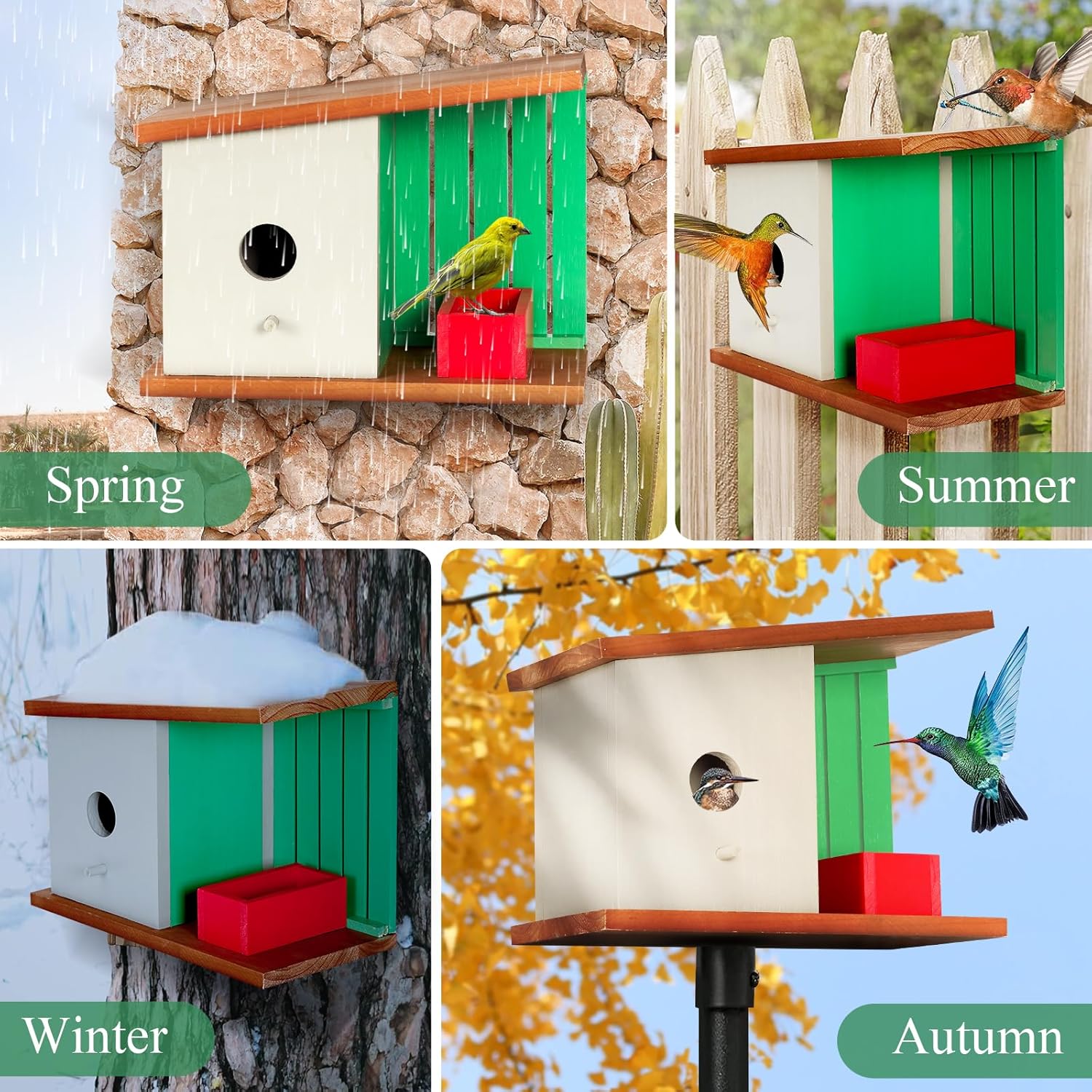 Wooden bird house with green slatted interior, red feeder box, and birds perched.