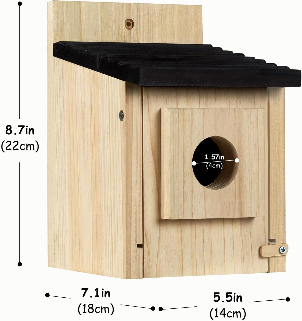 Wooden birdhouse with dark sloped roof, round entrance hole, predator guard hood.