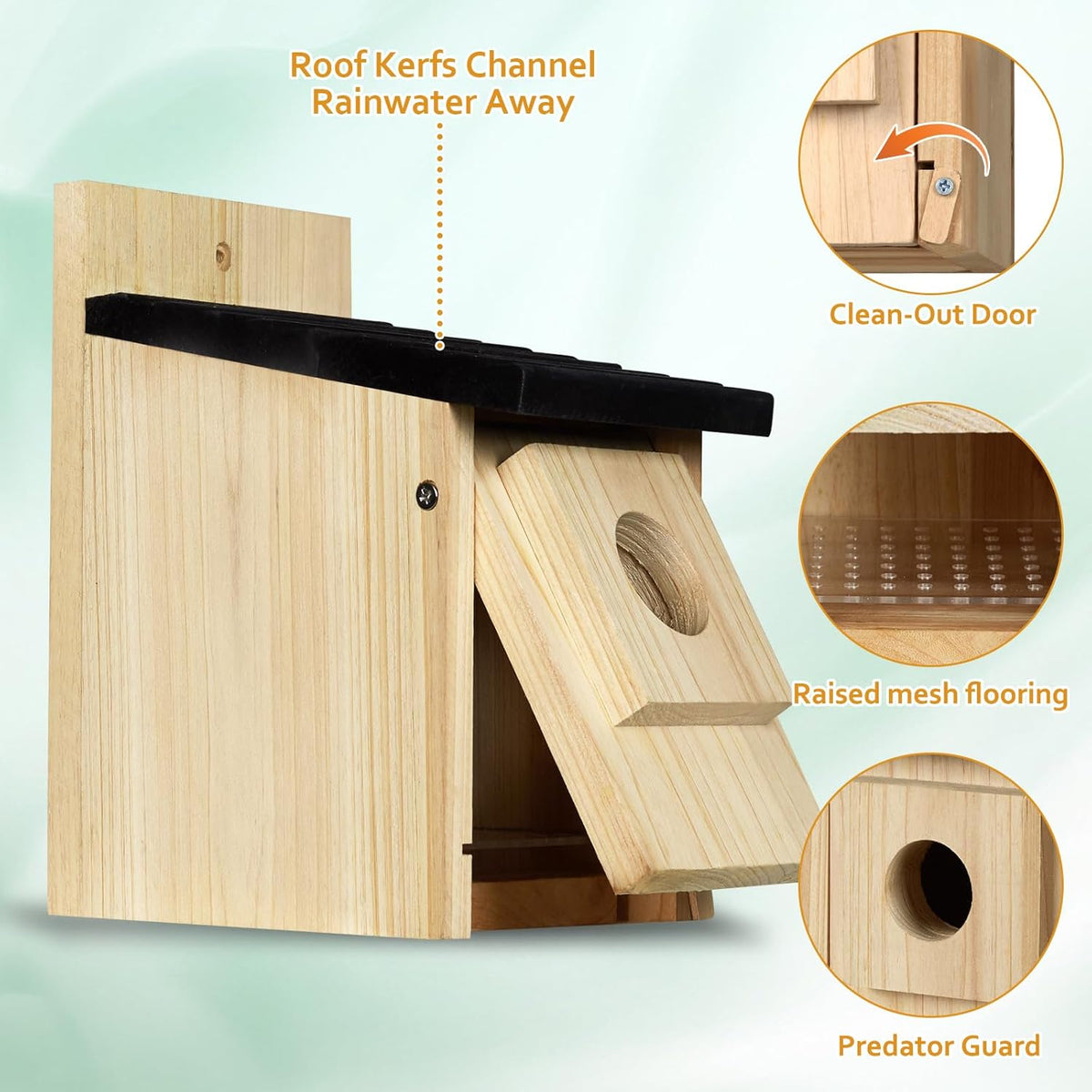 Wooden birdhouse with dark roof, raised mesh flooring, clean-out door and predator guard.