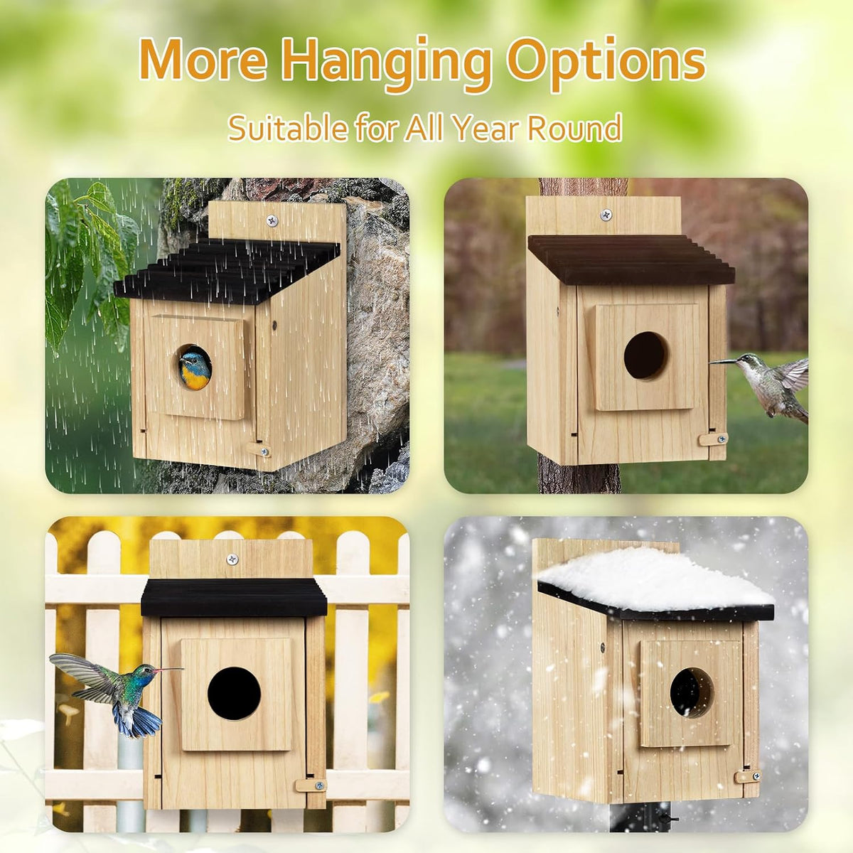 Wooden birdhouse shown in multiple hanging options with dark roof and round entrance hole.