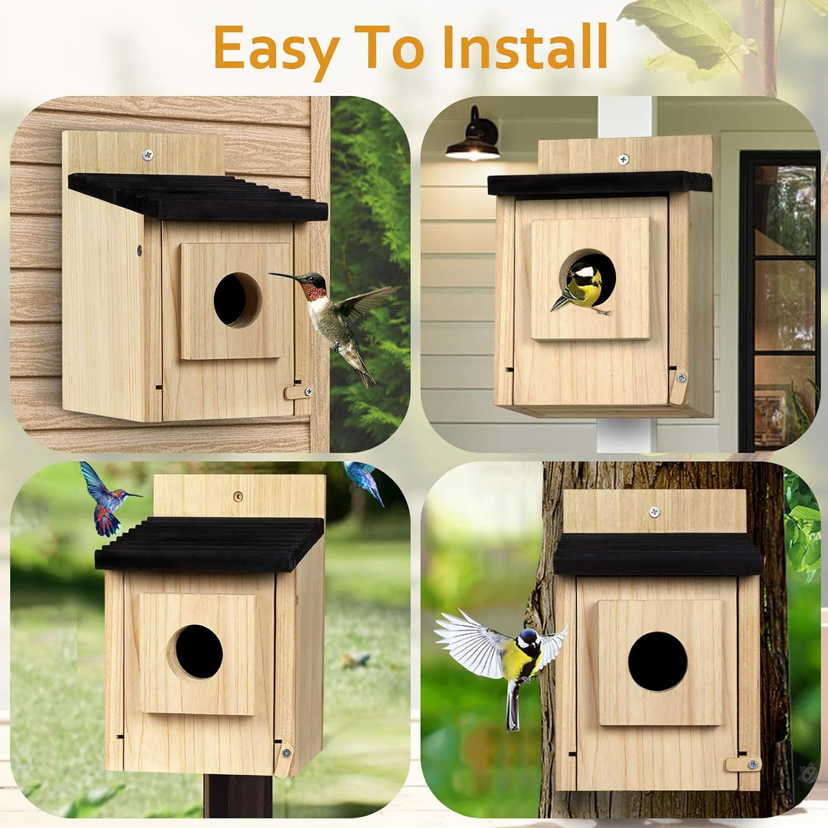Wooden birdhouse installed outdoors with dark roof and round entrance hole.