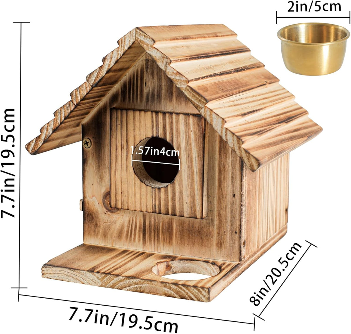 Weatherproof wooden bluebird house with front round entrance hole and side perch