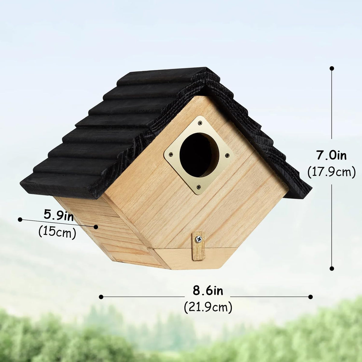Wooden bird house with black shingled roof and round entrance hole