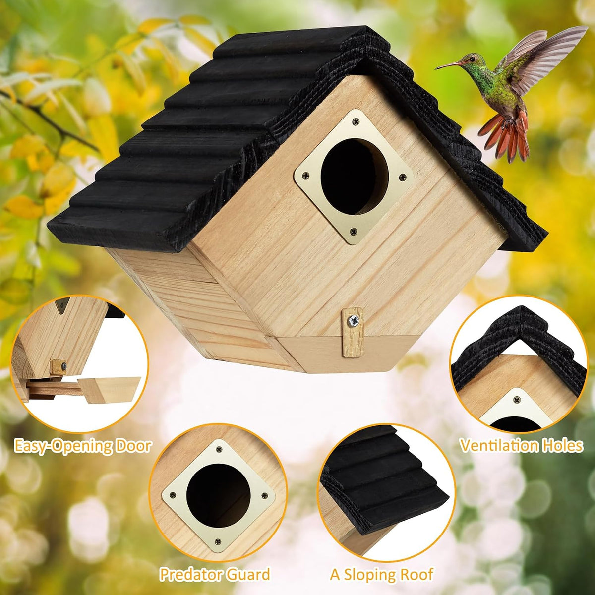Wooden bird house with black roof, round entrance hole, and ventilation holes detail