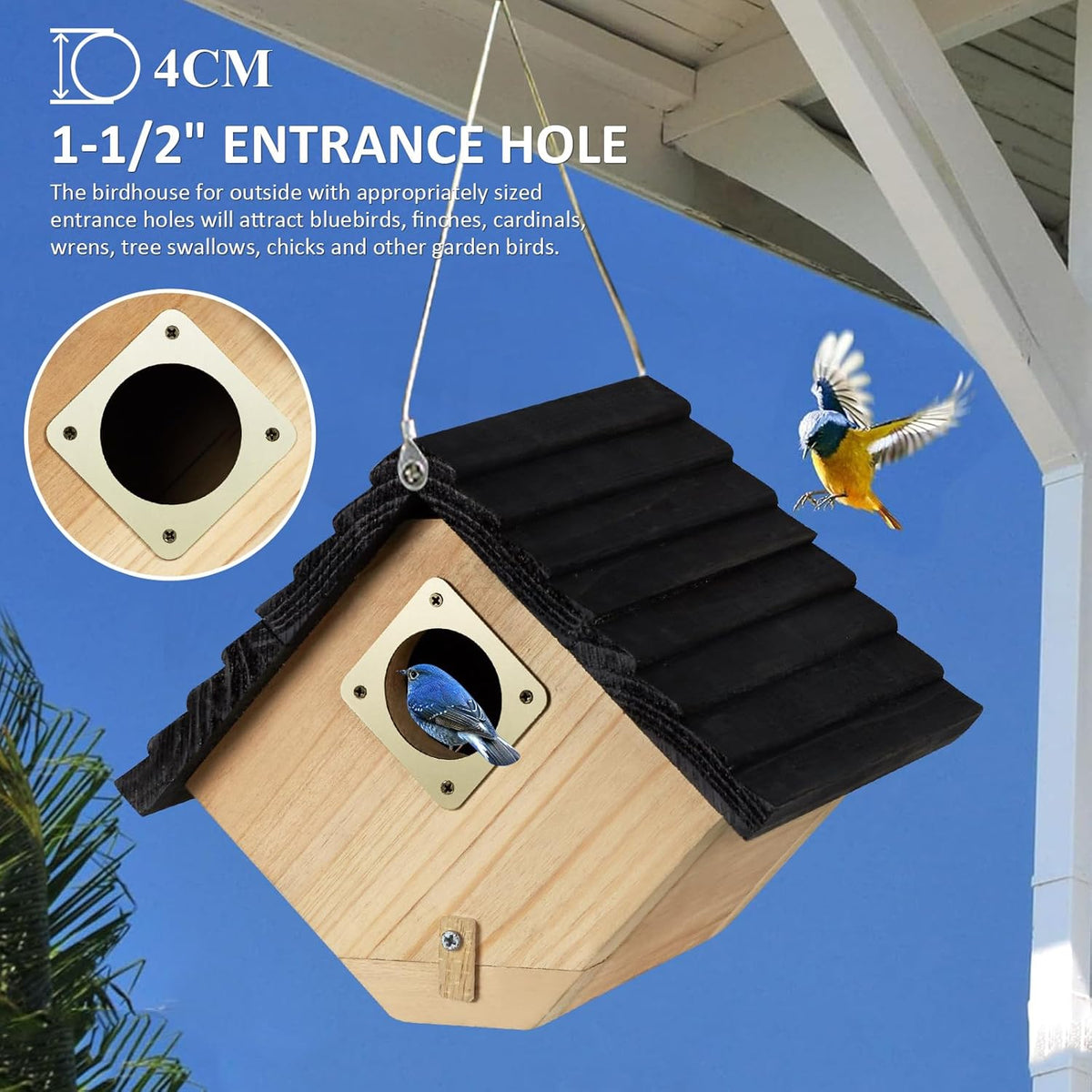 Wooden bird house with side entrance and sloped black shingled roof