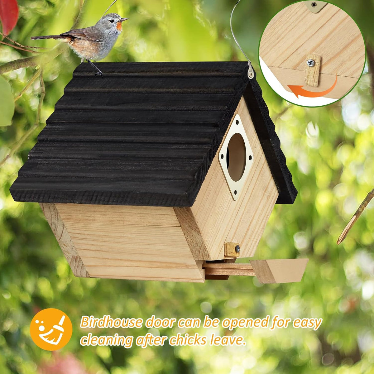 Wooden bird house with openable door and round entrance hole on the side