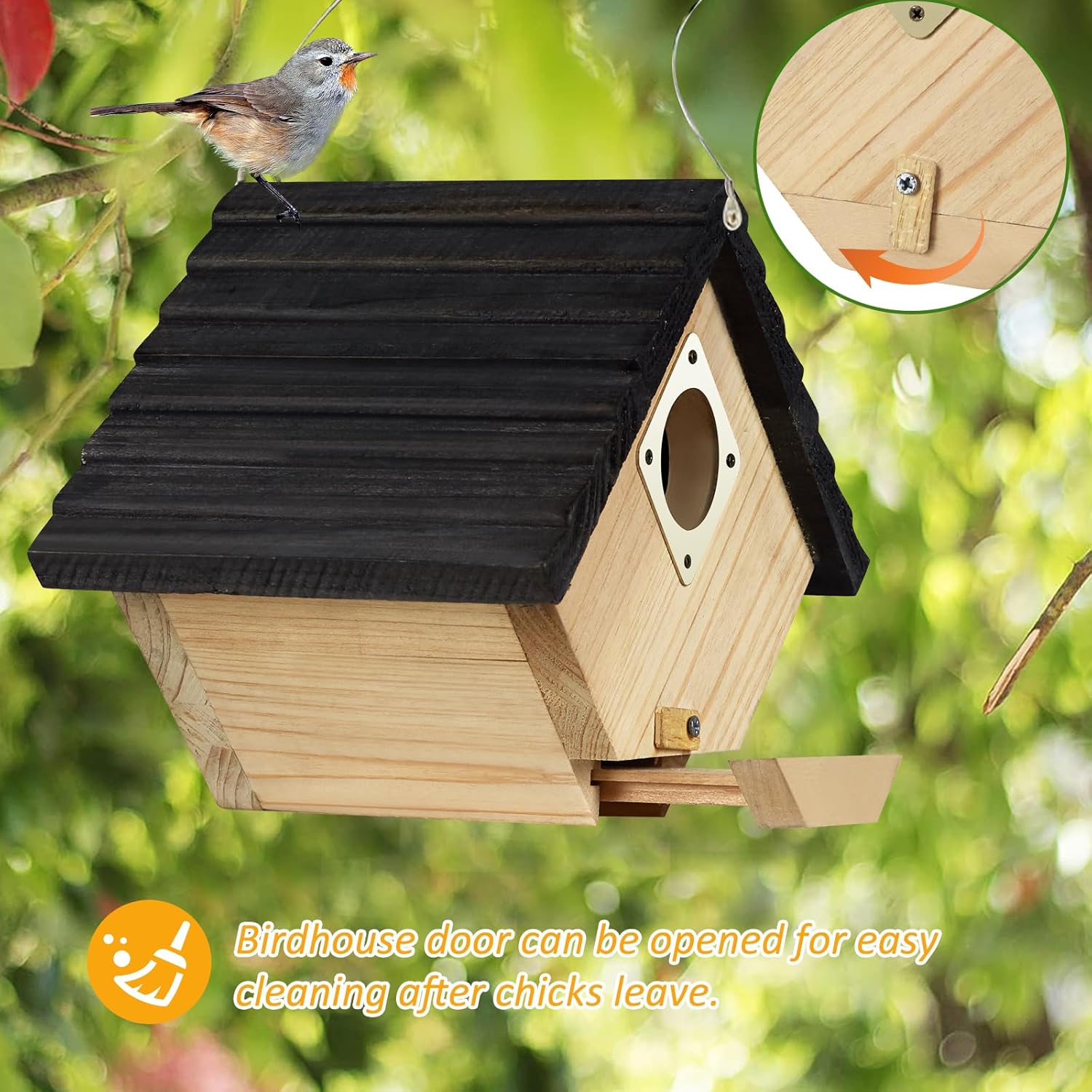 Wooden bird house with openable door and round entrance hole on the side