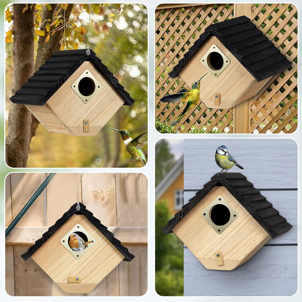 Wooden bird house with black shingled roof and round entrance hole on multiple views