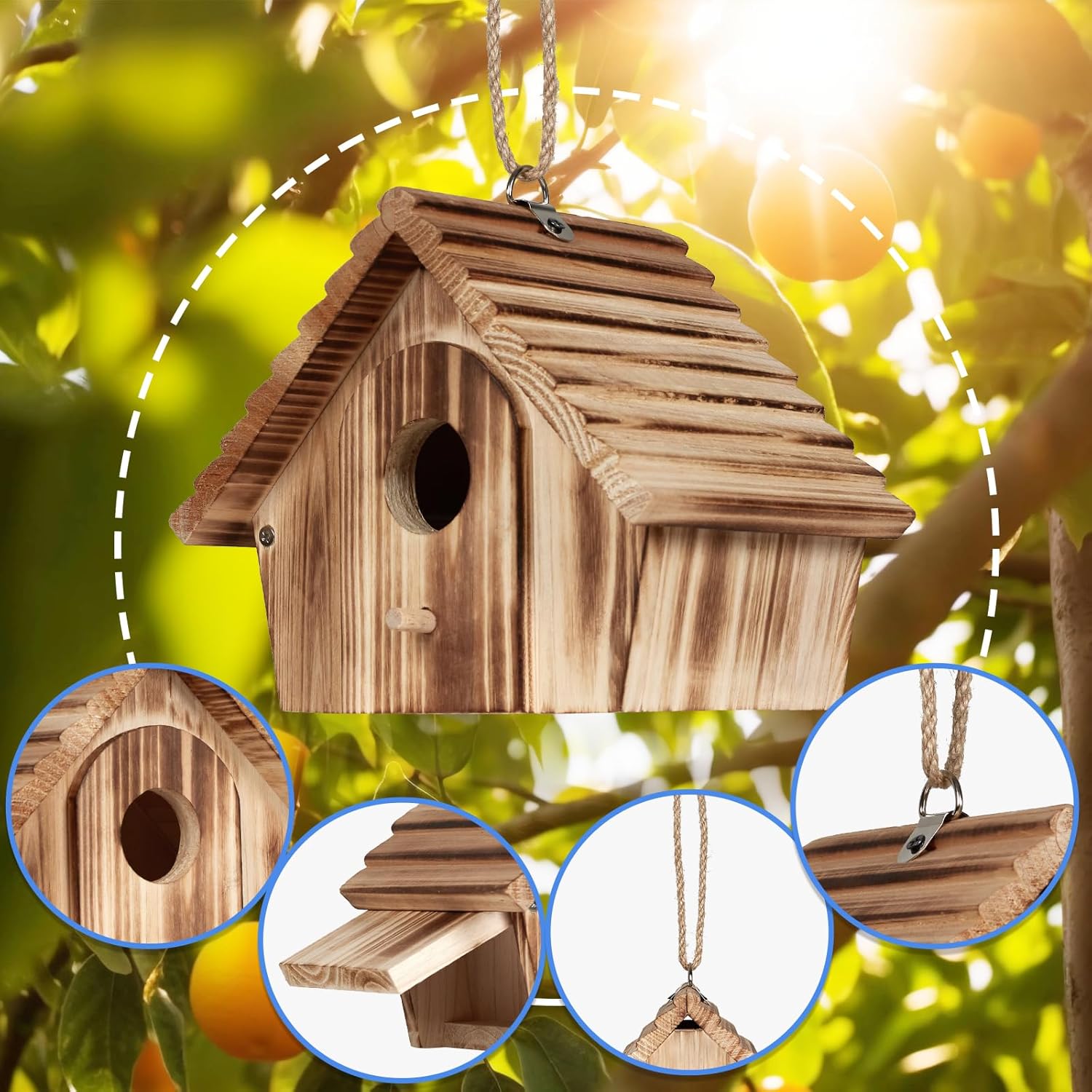 Wooden bird house with round entrance hole, rope hanger, and roof detail for birds