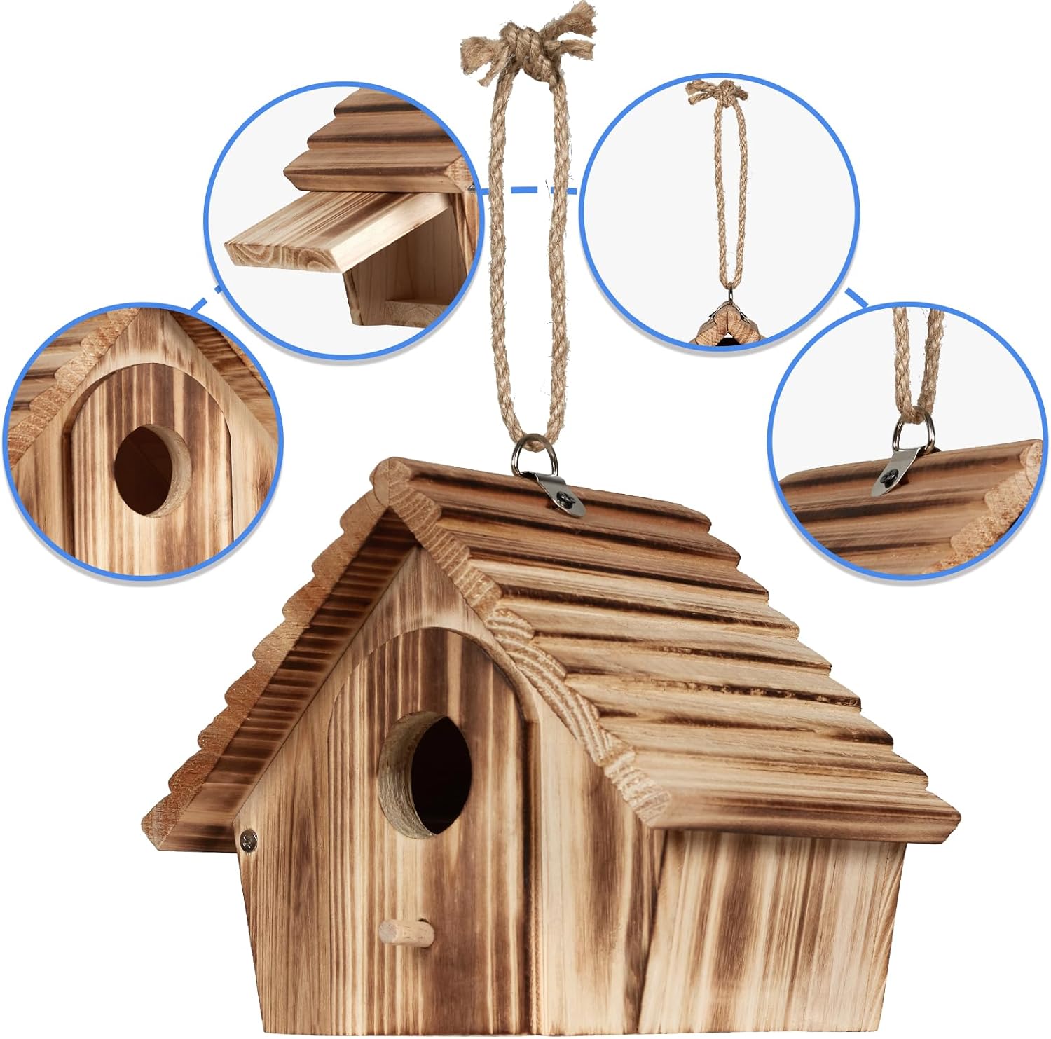 Wooden bird house with round entrance hole, hinged perch, and rope hanging loop