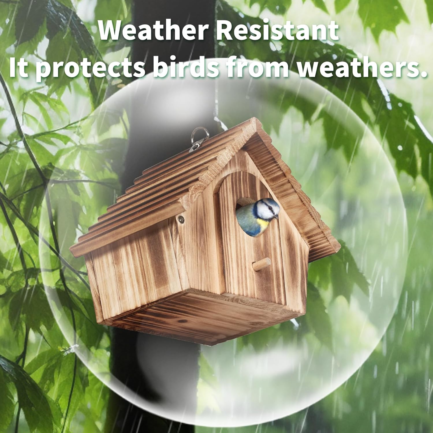 Weatherproof wooden bird house with round entrance hole and rope hanging strap