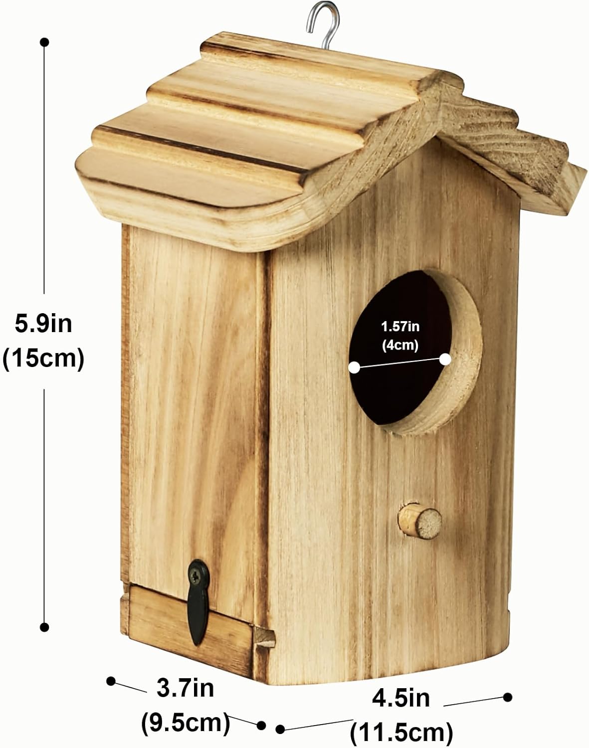 Mini wooden hanging bird house with oval entrance and metal door latch