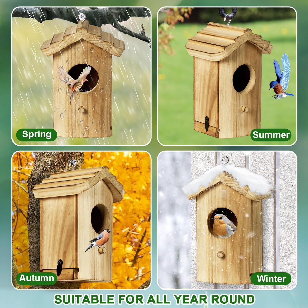 Mini wooden hanging bird house with oval entrance, sloped roof, hanging hook