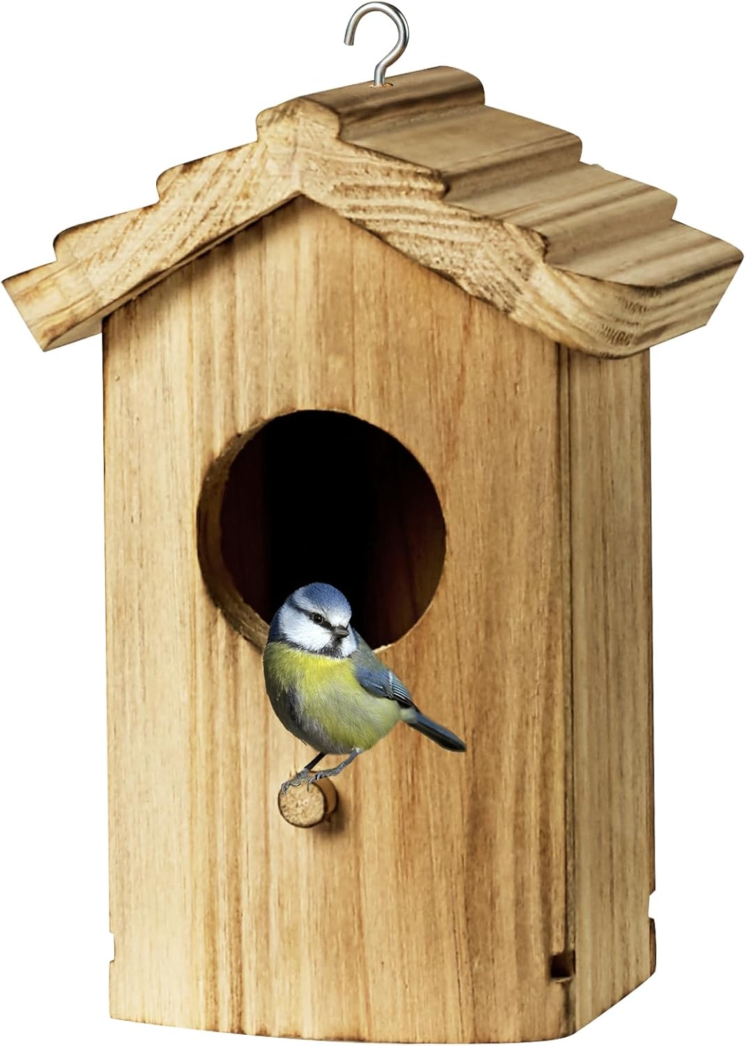 Mini wooden bird house with oval entrance hole and hanging ring hook