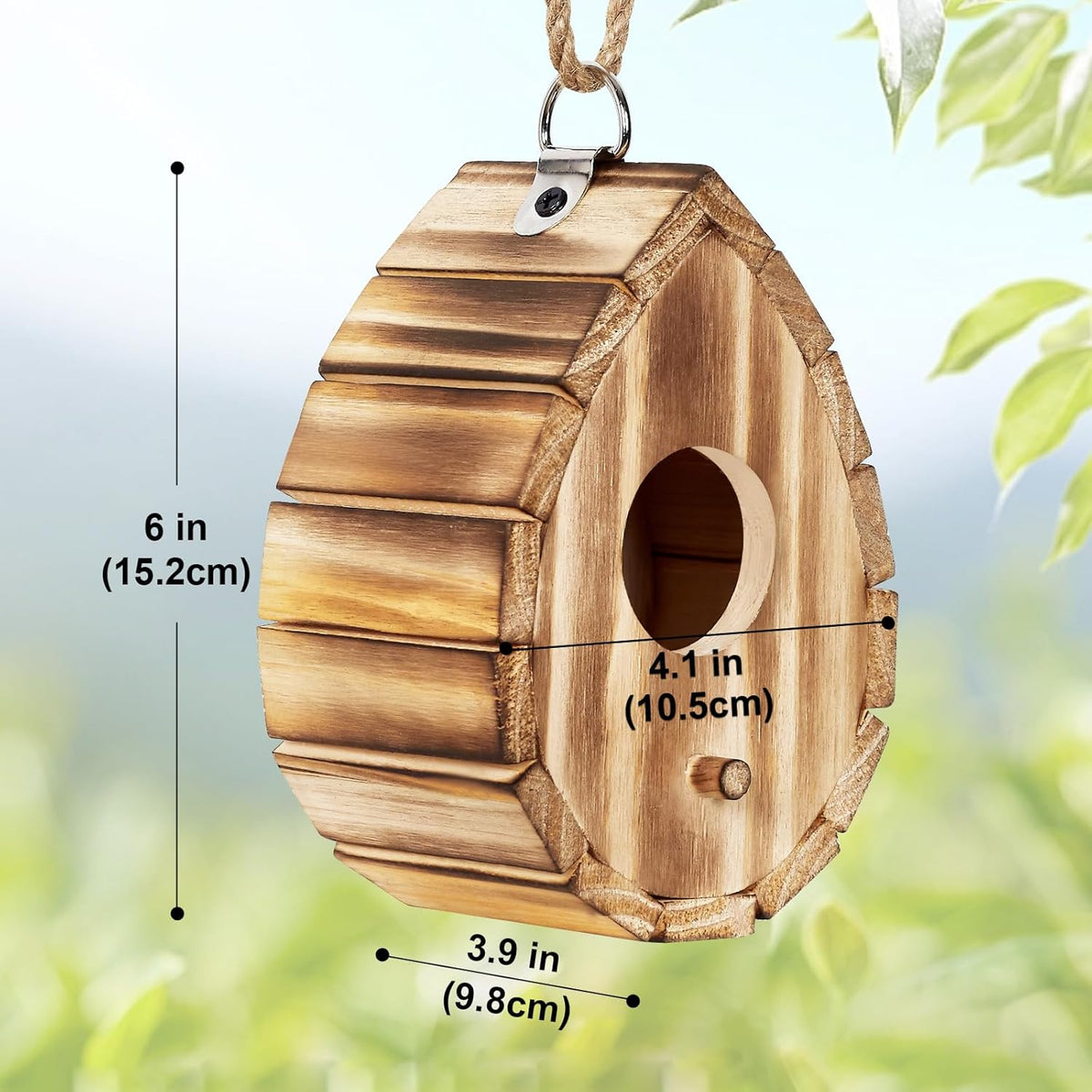 Hummingbird wooden birdhouse with round entrance hole and hanging rope, natural finish