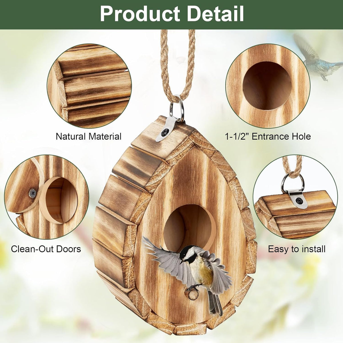 Wooden hummingbird birdhouse with circular entrance hole and side clean-out door