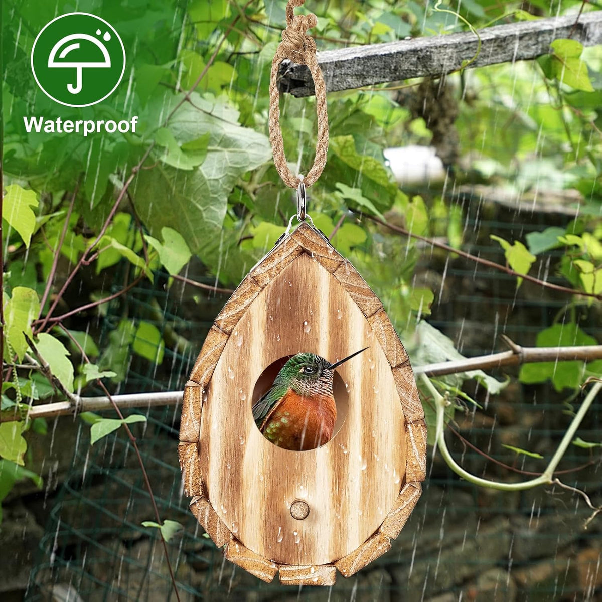 Wooden hummingbird birdhouse with circular front opening and perched blue bird