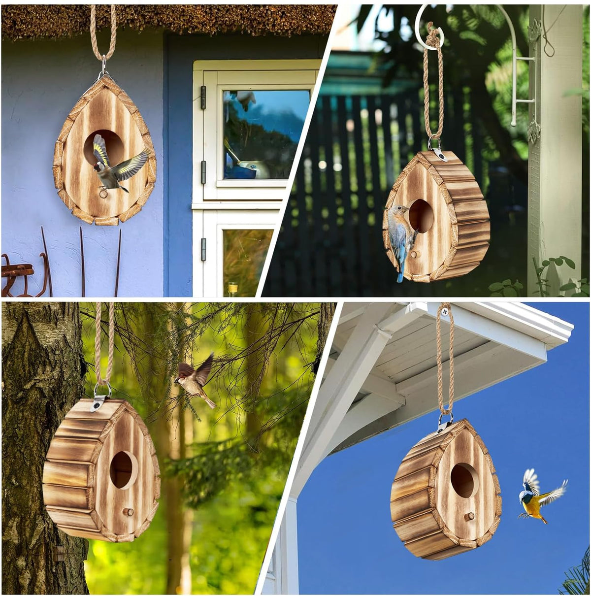 Wooden hanging hummingbird birdhouse with round entrance hole, shown from multiple angles