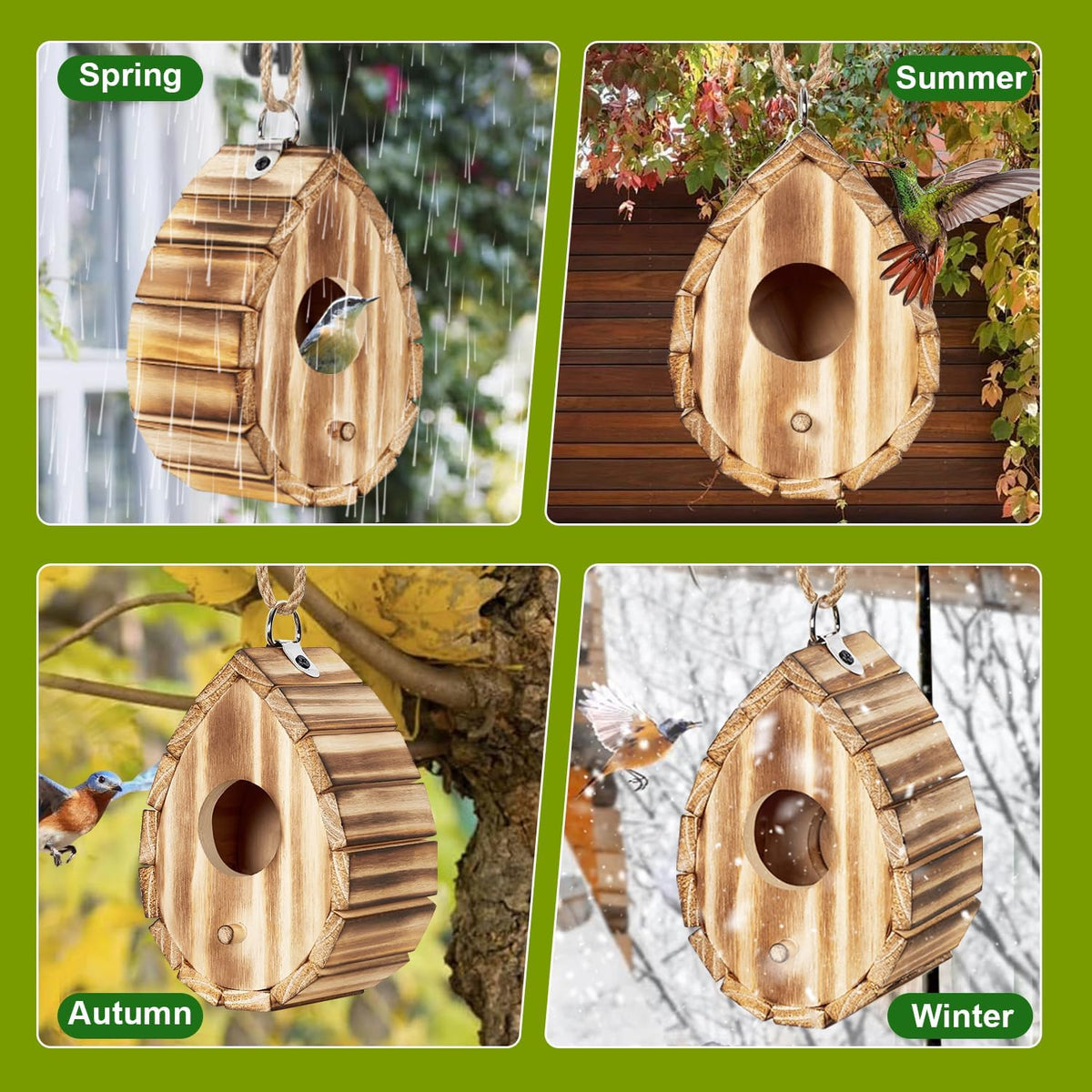 Wooden hummingbird birdhouse shown in four outdoor scenes, hanging with rope