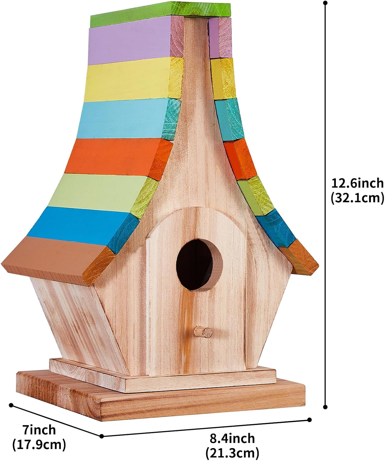 Colorful striped wooden birdhouse with round entrance hole and small front door