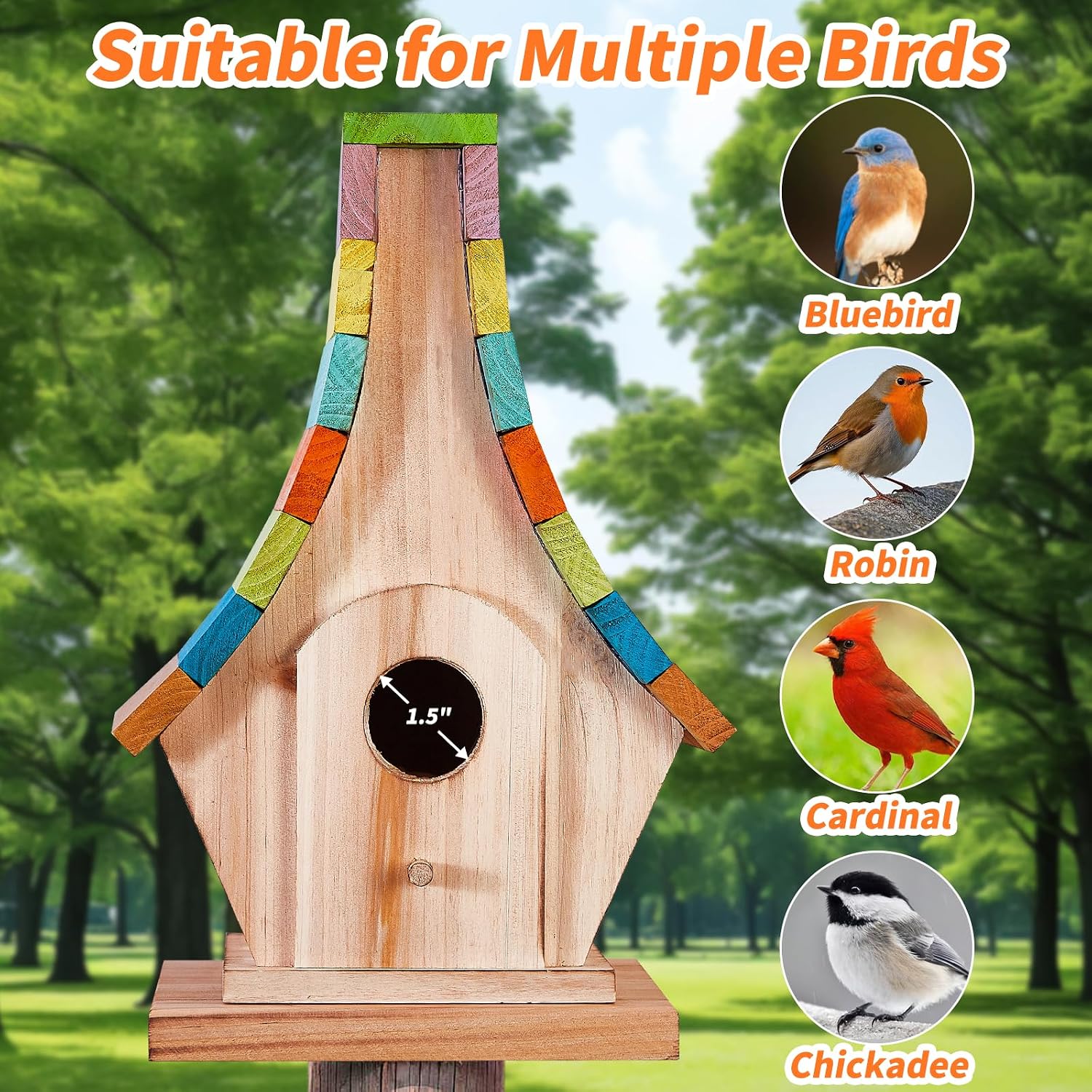 Wooden birdhouse with bright striped roof panels and round front entrance opening