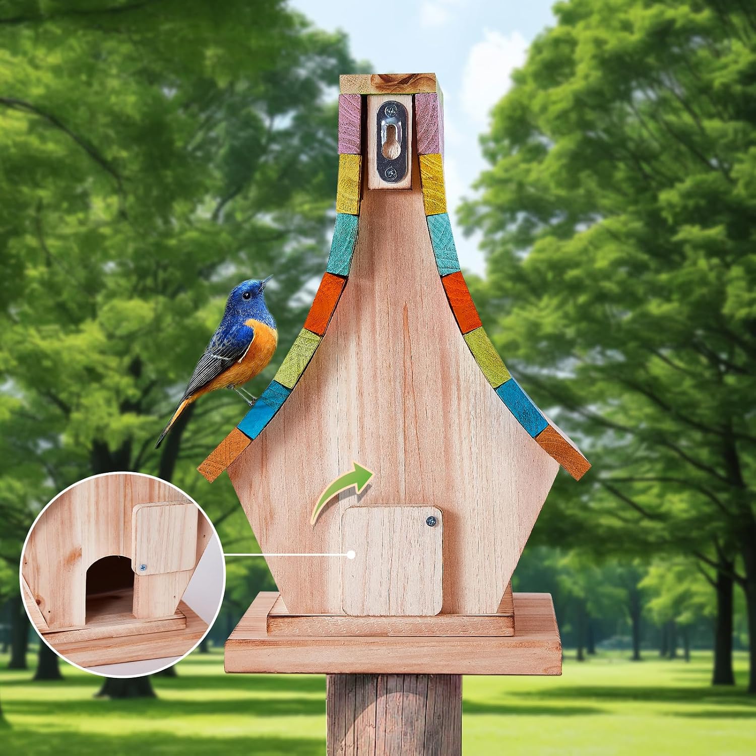 Wooden birdhouse with multicolor striped roof, round entrance hole, and hinged side