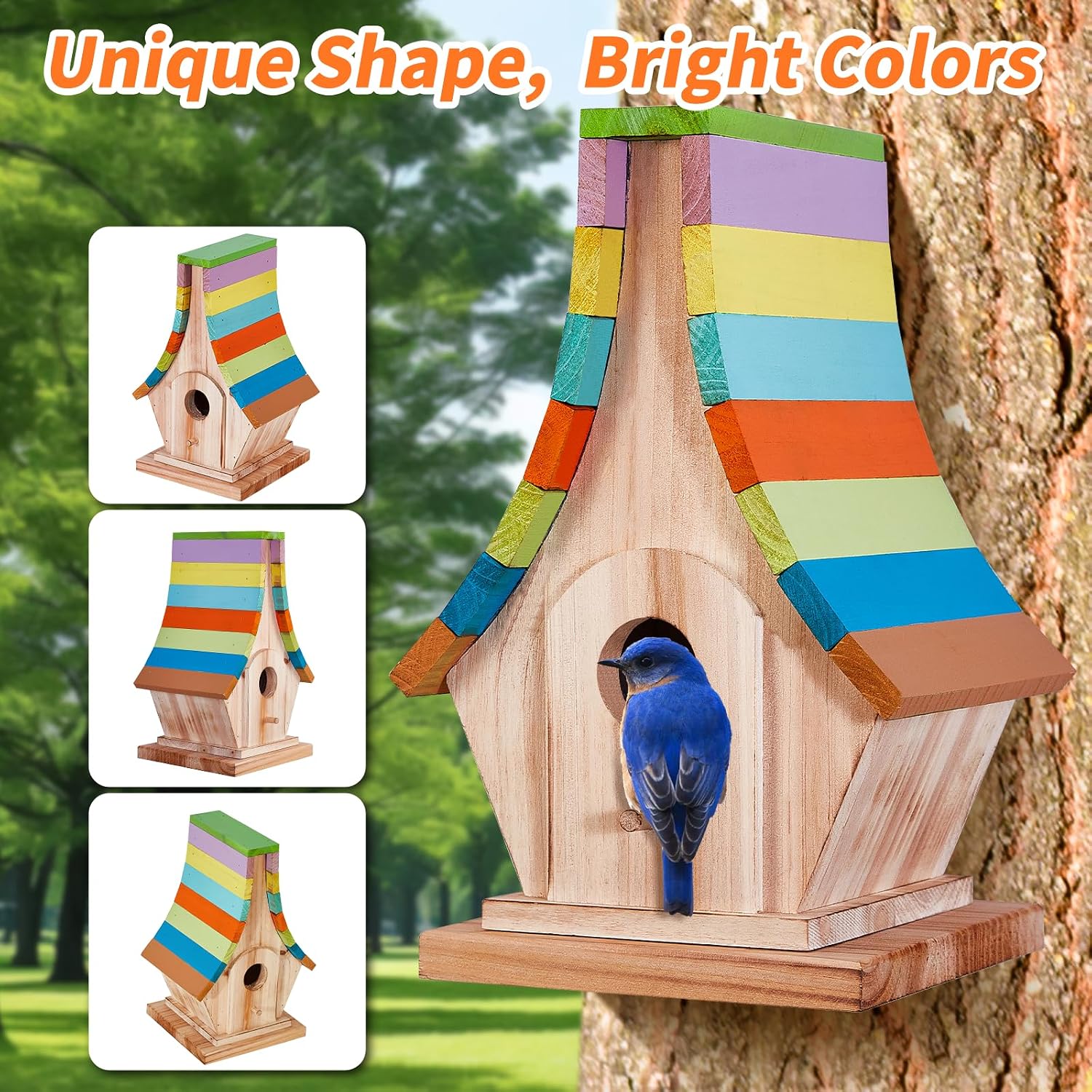 Wooden birdhouse with bright striped roof and round front entrance