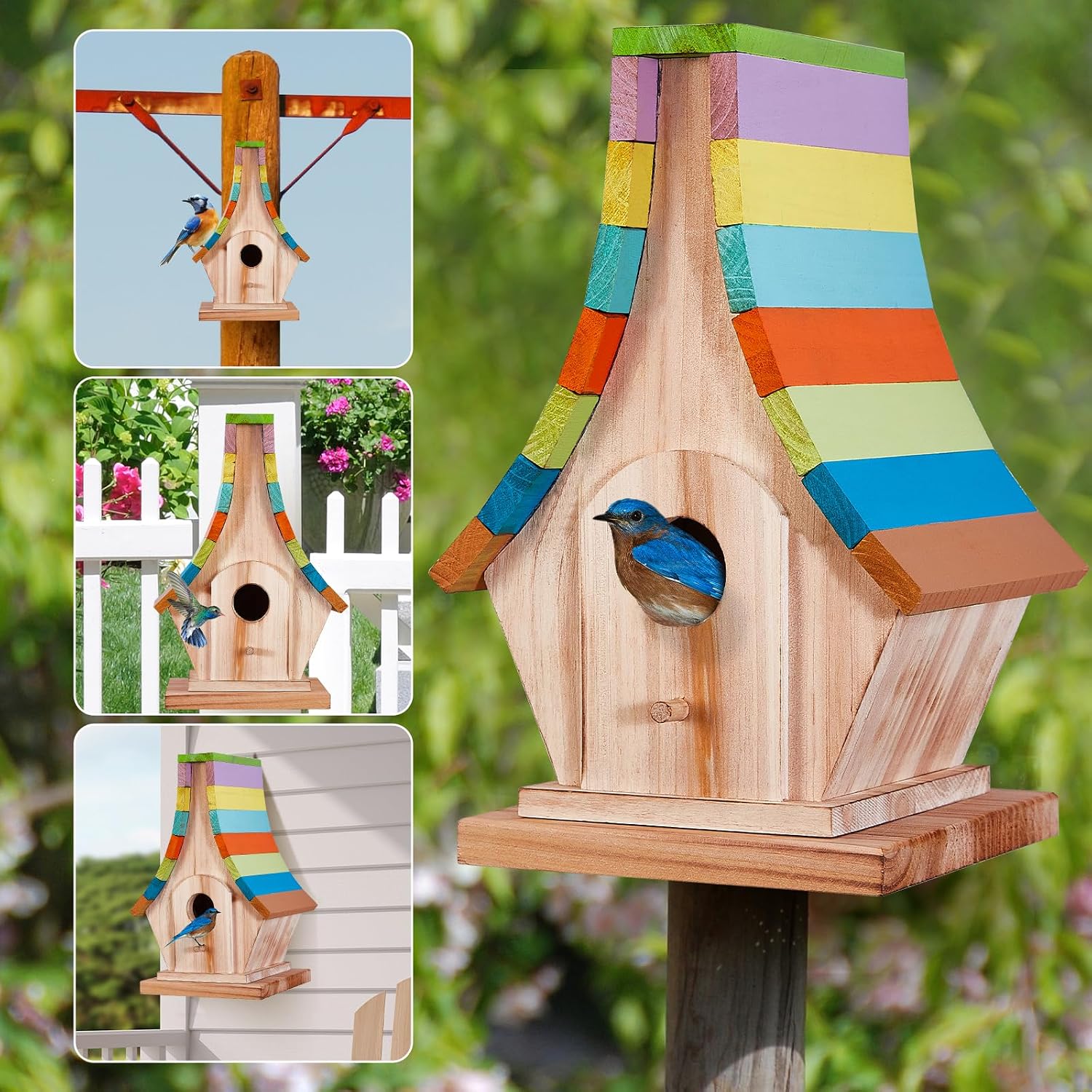 Colorful striped wooden birdhouse with circular entrance hole and front latch