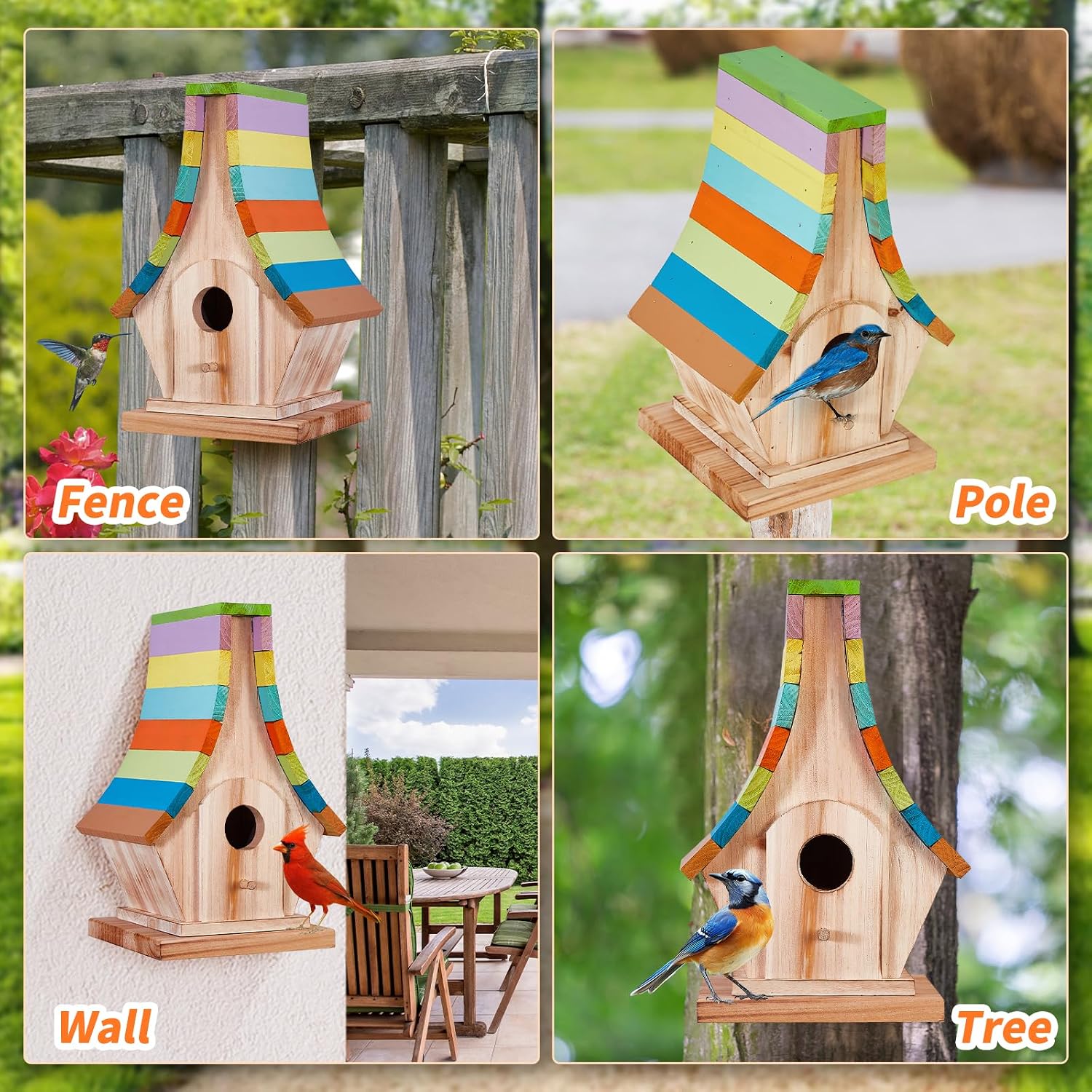 Wooden birdhouse with multicolor striped roof and round entrance opening