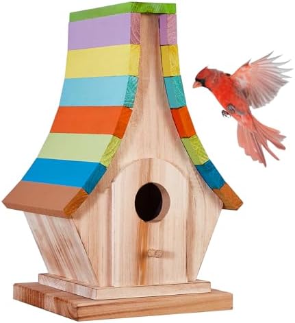 Striped wooden birdhouse with circular entrance hole and small front door