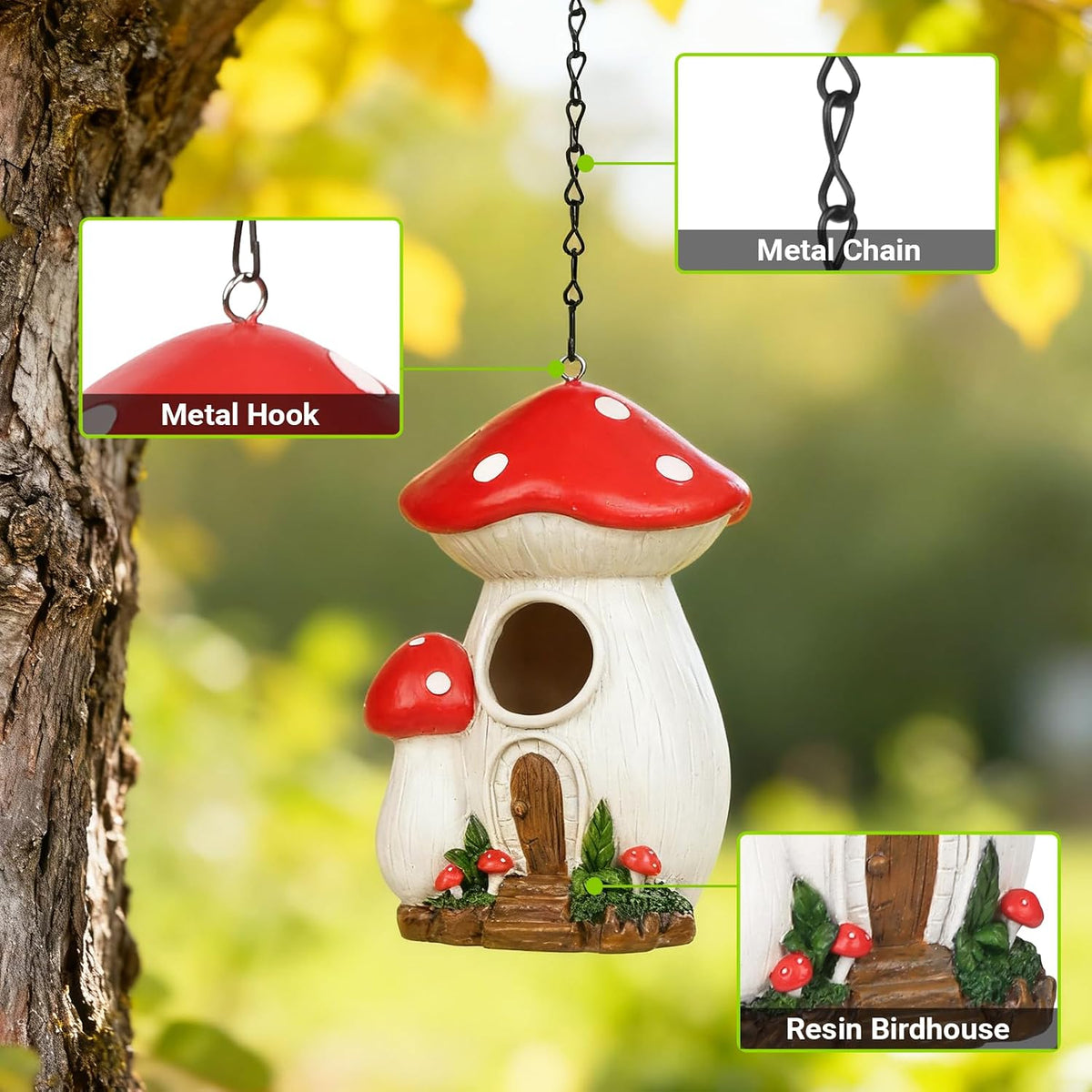 Mushroom birdhouse with metal chain and hook, red cap, white body, arched wooden door