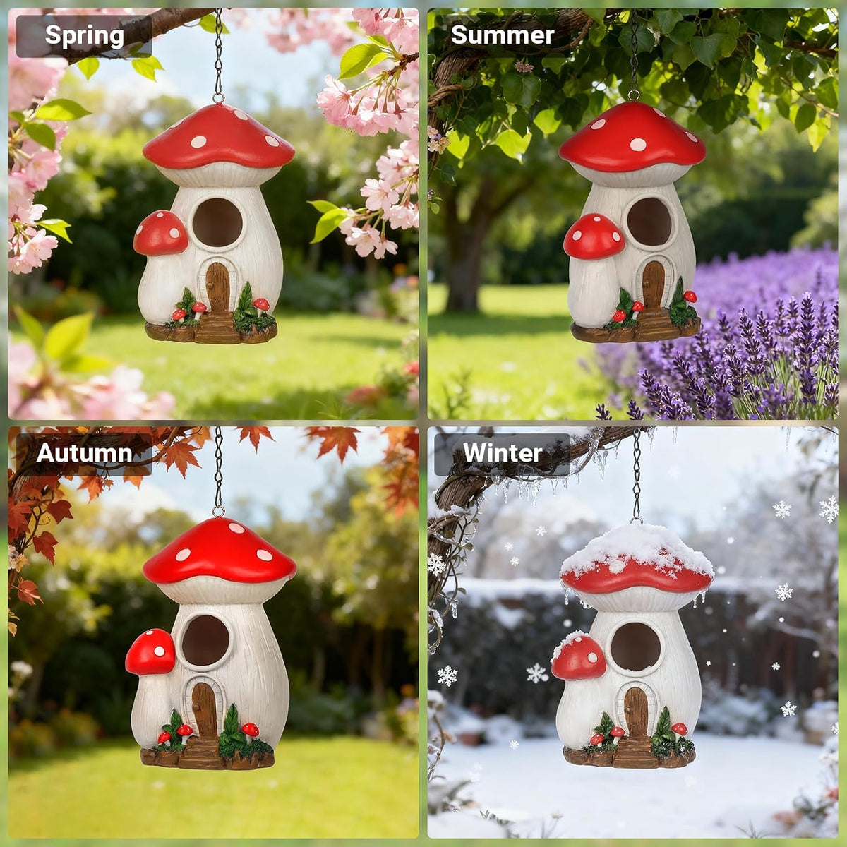 Mushroom birdhouse shown in four seasons: spring, summer, autumn, and winter