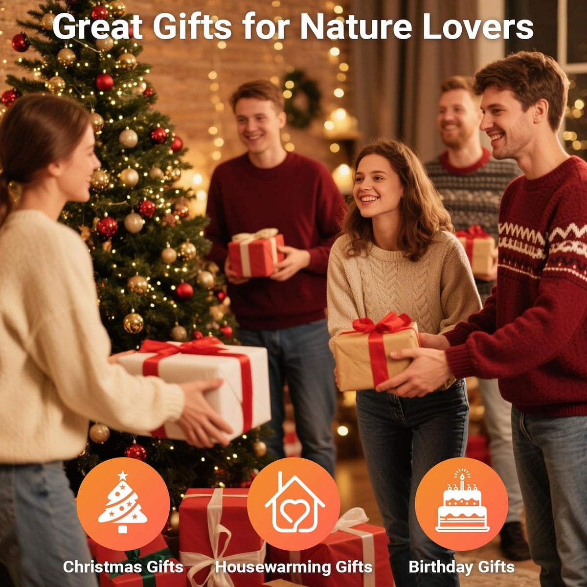 Gift-themed poster with icons for Christmas gifts, housewarming gifts, and birthday gifts