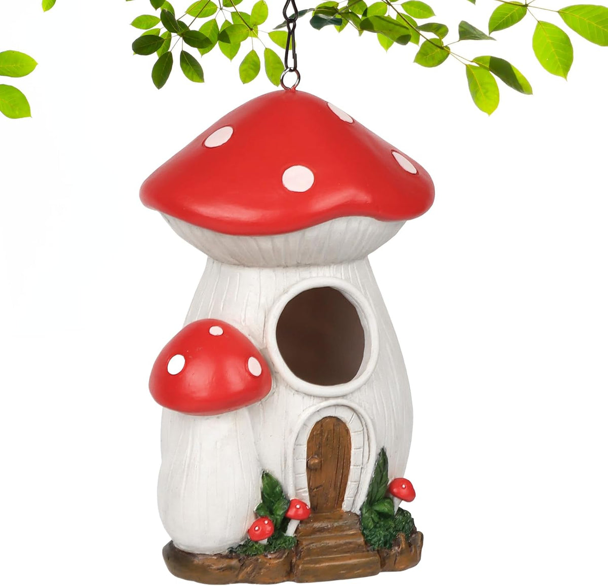 Mushroom-shaped hanging birdhouse with red cap, circular opening, and wooden front door
