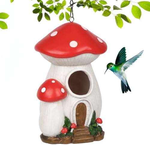 Red mushroom birdhouse with circular entrance, wooden door, and hanging chain