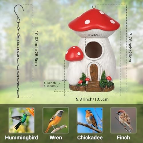 Mushroom-shaped hanging birdhouse with metal chain, circular entrance, and garden base