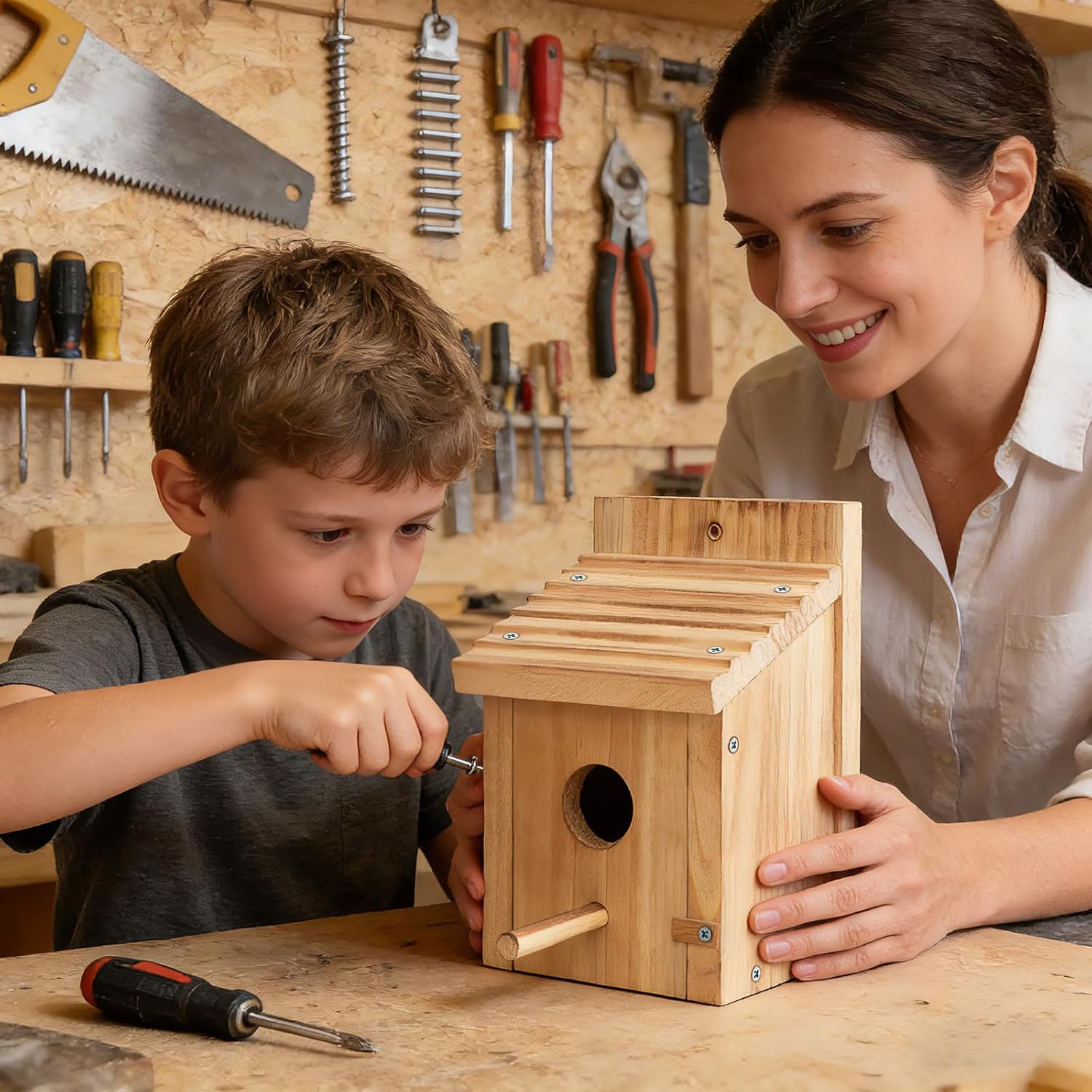 Wooden birdhouse kit being assembled by a child and adult, with round entrance hole