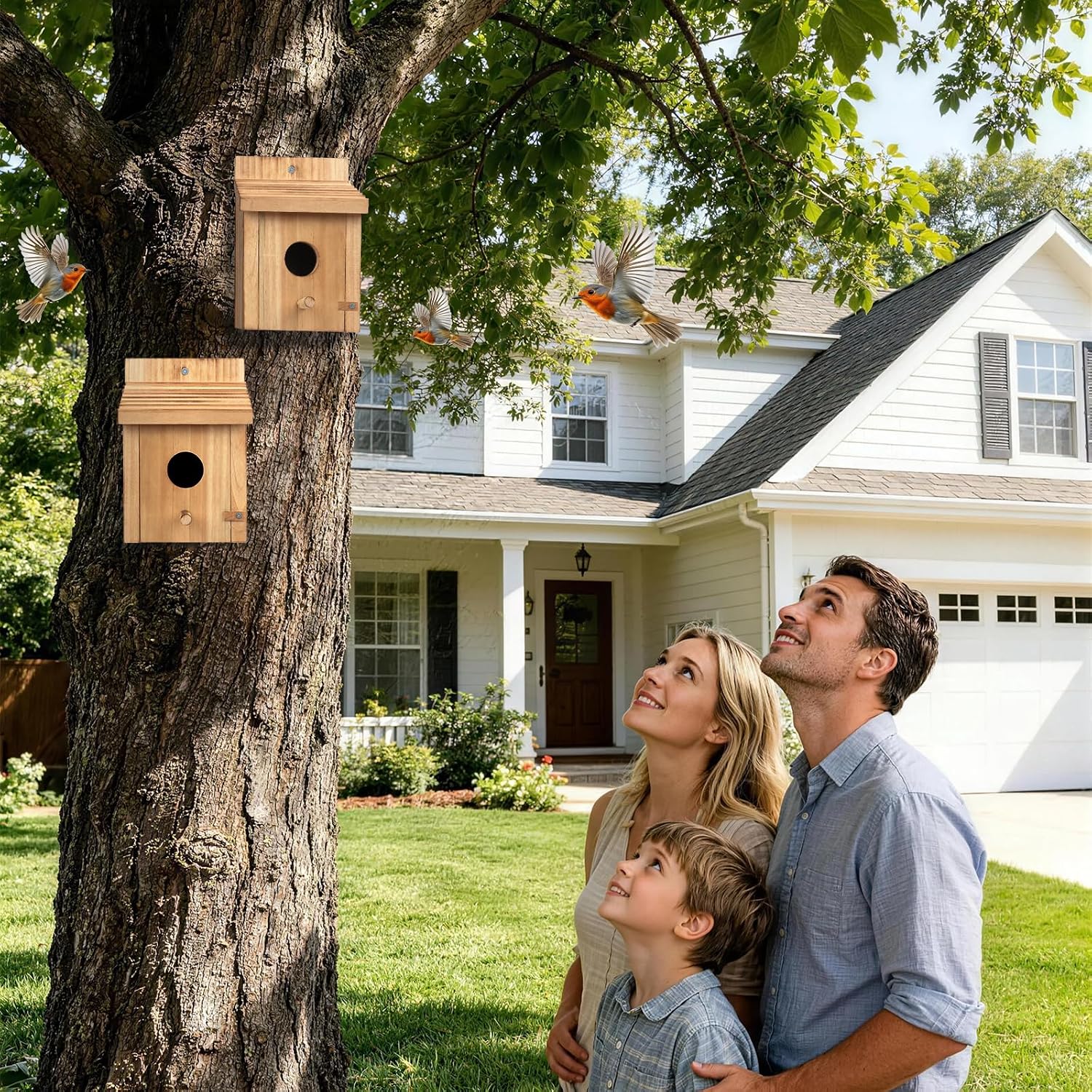 Wooden birdhouse kits mounted on tree trunks in a yard, each with a round entrance hole