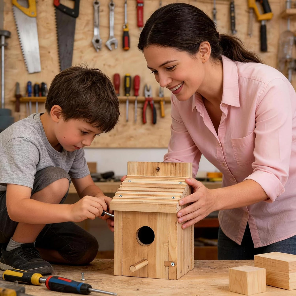 Wooden birdhouse kit being assembled, with round entrance and roof slats