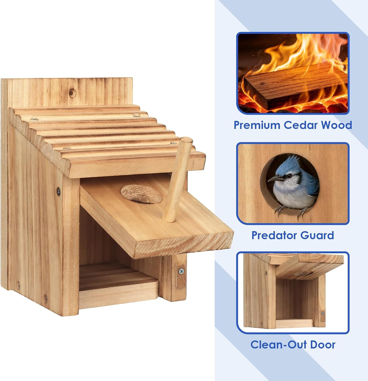 Wooden birdhouse with open side perch and slanted roof for small birds