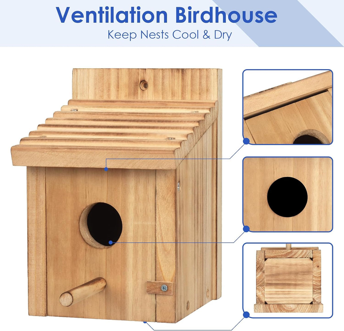 Wooden ventilation birdhouse with round entrance hole and rear access panel