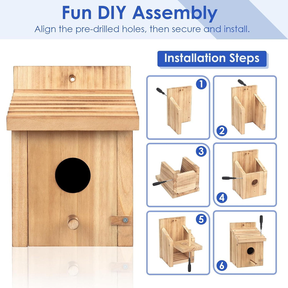 Natural wood birdhouse front view with round entrance and hanging door knob