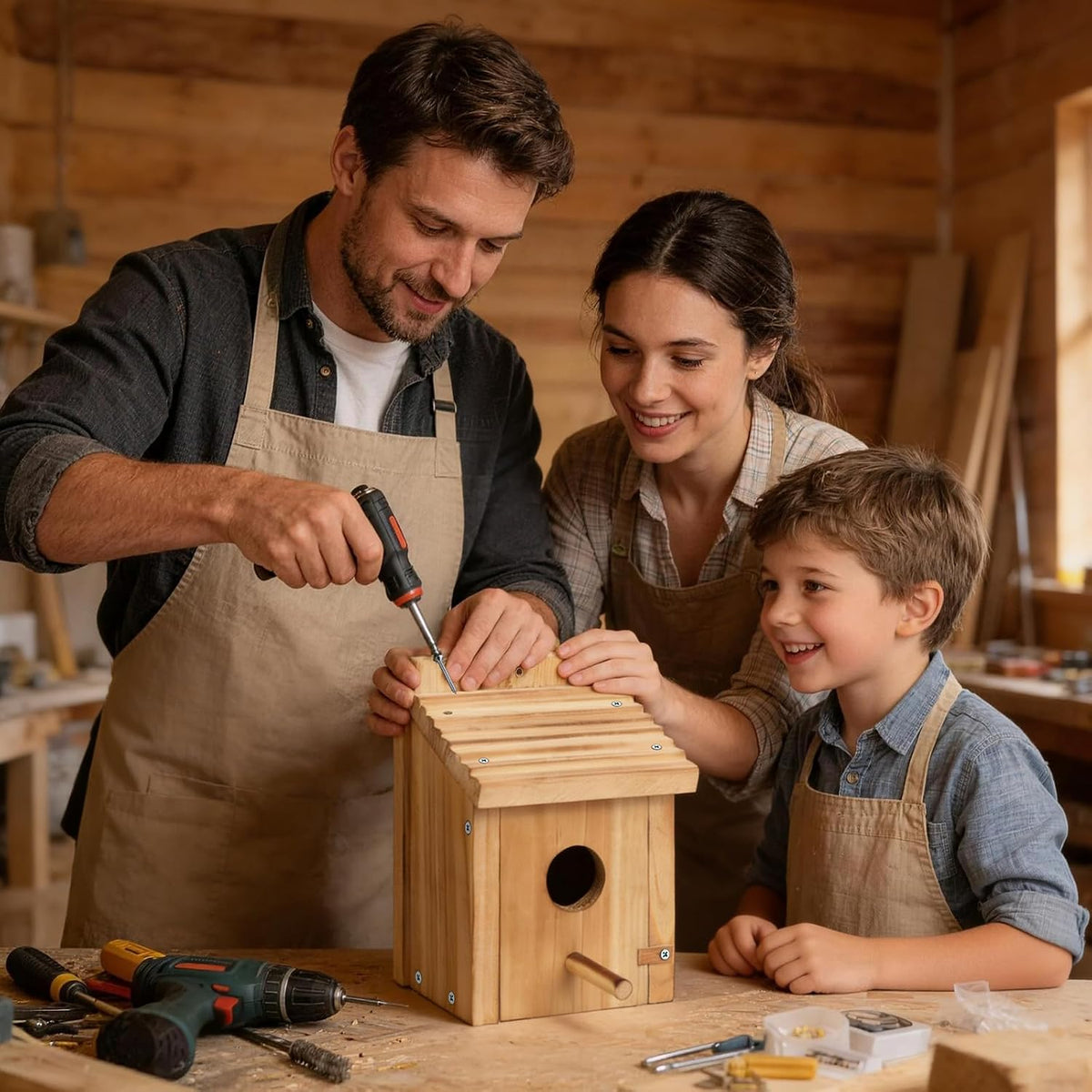 Wood birdhouse being assembled by family, showing round entrance and open back
