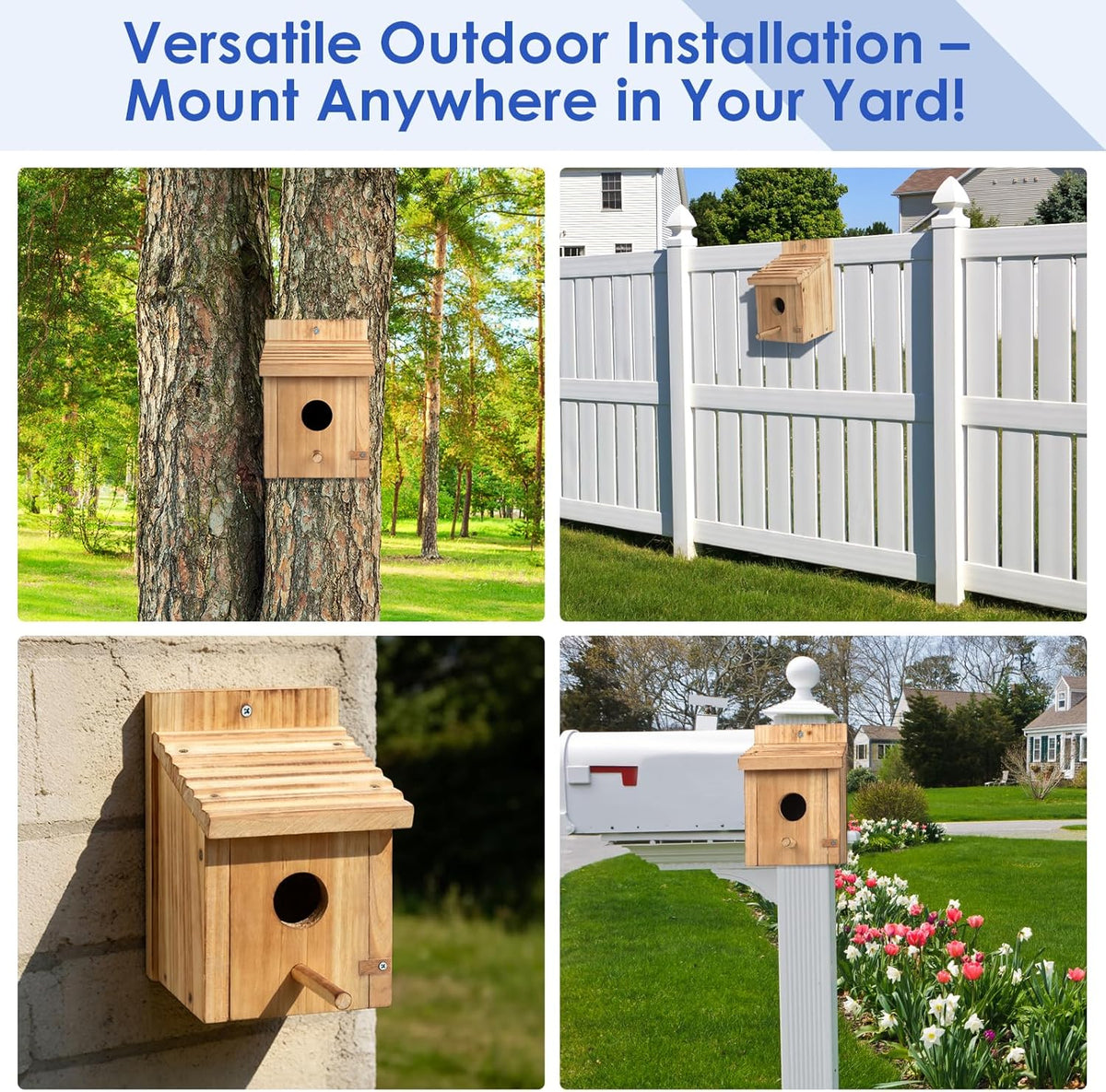 Wood birdhouse mounted to a tree trunk, with circular entrance opening