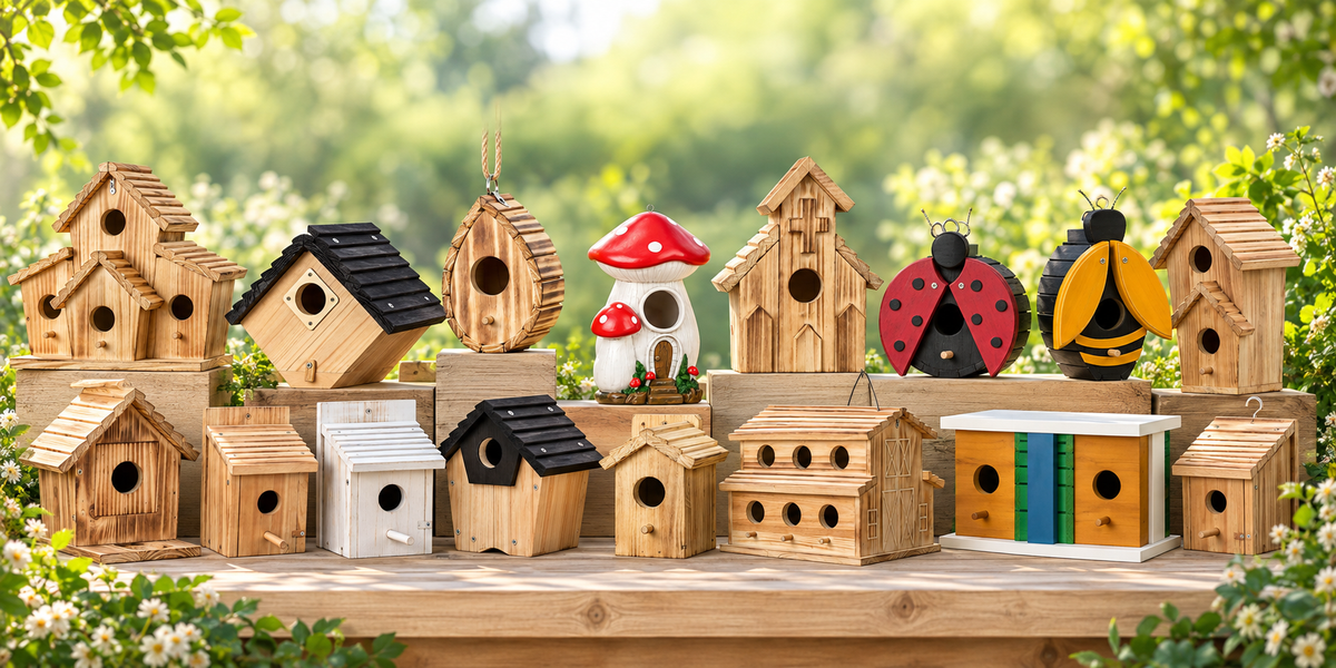 NATUREYLWL wooden and decorative birdhouse collection arranged on a garden display
